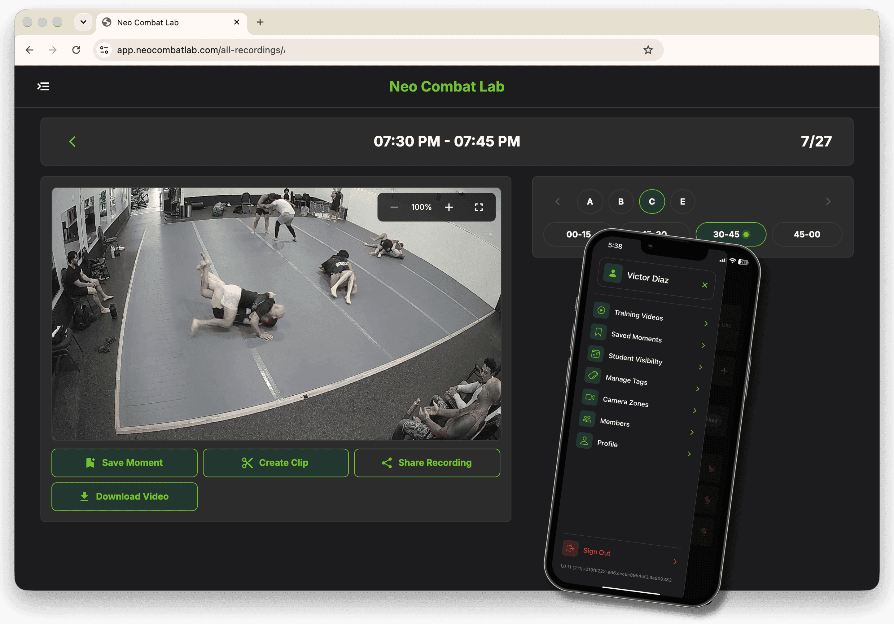 Neo desktop footage review with mobile academy controls