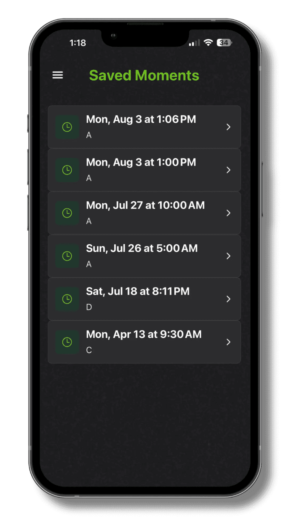 The Neo app listing saved moments from training, each one stamped with a day, time and camera