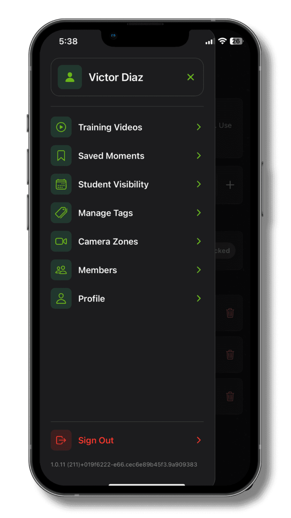 The Neo app menu, with entries for student visibility, tags, camera zones and members